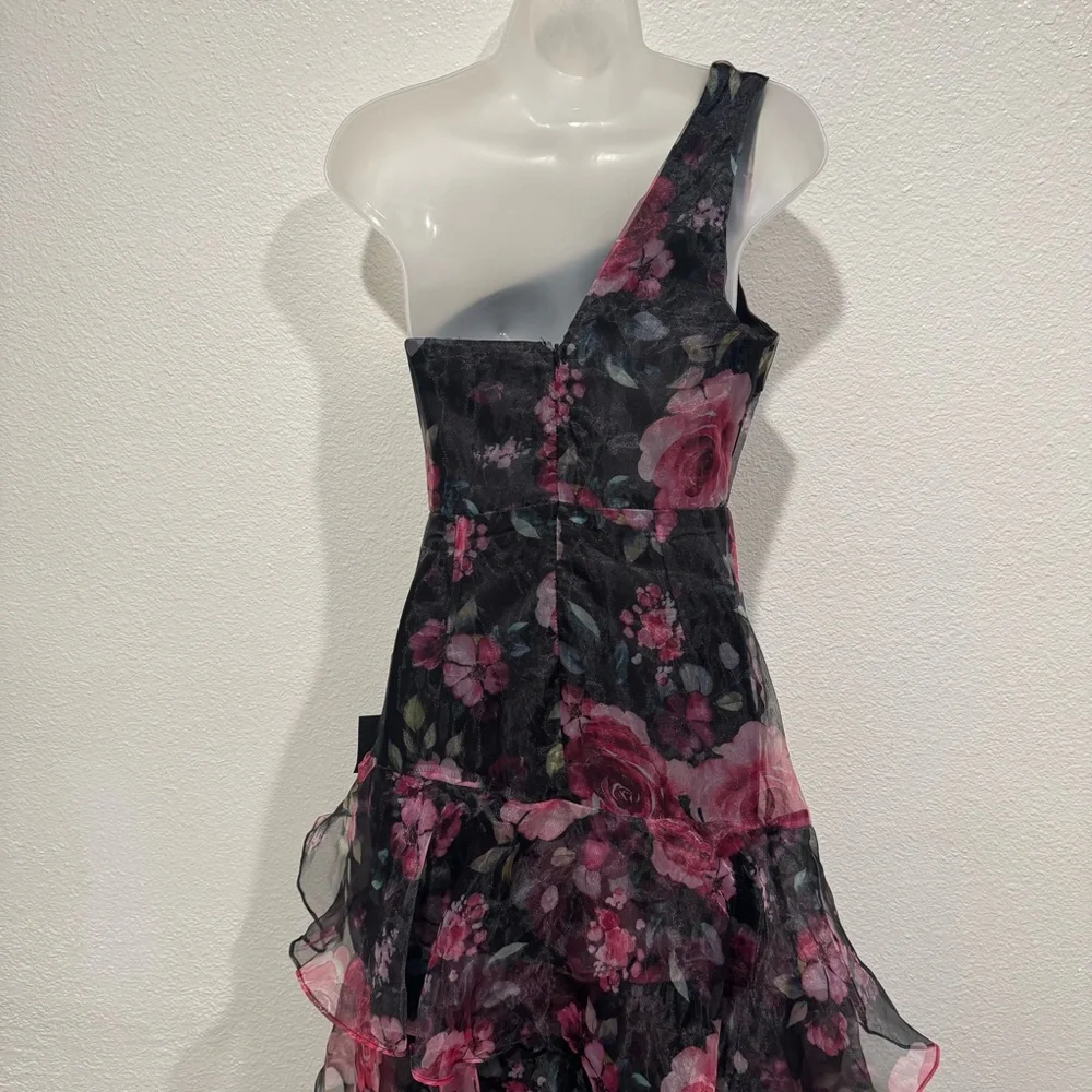 NEW lulus black pink regal organza tiered rose floral one shoulder gown dress - Picture 5 of 10